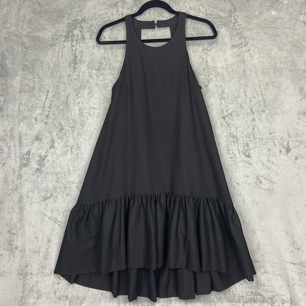 Etsy Dress Womens S‎ Black Linen Trapeze Swing Cut Out Back Ruffle Hem High Neck